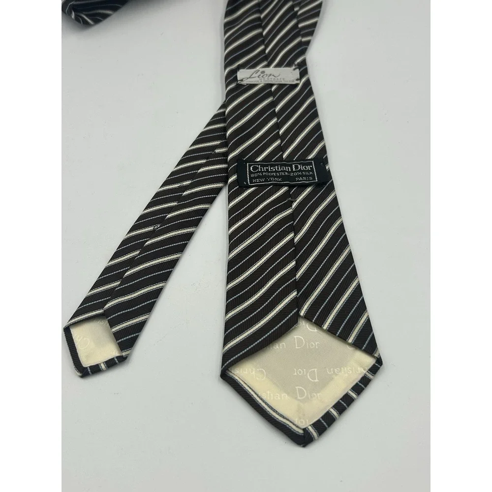 Vintage 1960s Christian Dior Necktie‎ Tie Mens Brown Blue Stripe Poly/Silk